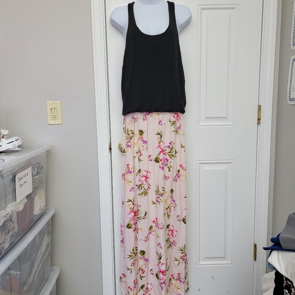 Victoria's Secret Black And Pink Floral Blouson Racerback Tank Maxi Dress Small